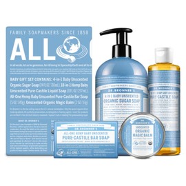 Dr. Bronner's | Set orgánico de cuidado para bebé y piel sensible con alergias o eczema; incluye jabón multiuso, jabón de manos, jabón en barra y bálsamo restaurador