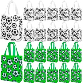 Hitkmi 24 Pcs Soccer Party Favor Bags with Handles Reusable Non-Woven Soccer Gifts Bags Soccer Themed Goodie Candy Treat Bags for Soccer Team Sports Birthday Baby Shower Party Supplies (Green & White)