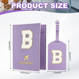 PATIKIL Passport Holder for Travel, Initial Passport Cover and Luggage Tag Set with Alphabet Chenille Letter Patch Travel Wallet Bag Suitcase Identifier for Women Family Travel Purple B
