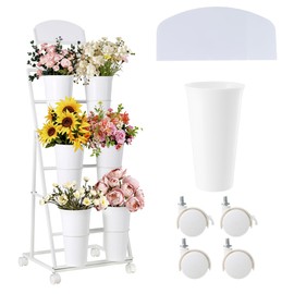 Flower display stand, three tiers with six vases, suitable for flower bars and indoor/outdoor celebrations. The flower cart display stand comes with a chalkboard and wheels (white).