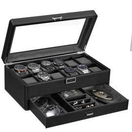 BEWISHOME 12 Watch Box with Valet Drawer, Luxury Watch Case Jewelry Organizer, Leather Watch Organizer for Men Women, Real Glass Top, Metal Hinge, Black SSH02L