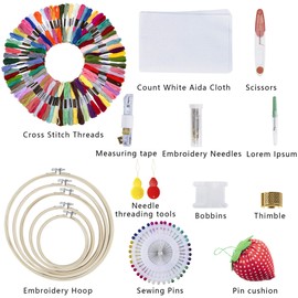 CURMIO Embroidery Starter Kit, Cross Stitch Tools Kit with Storage Bag, 100 Colors Threads, 5 Embroidery Hoops, 3 Aida Cloth and Other Embroidery Tools, Ideal for Embroidery Beginner and Lover, Black