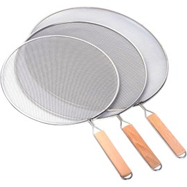 3 Pieces Grease Splatter Screen for Frying Pan, Splatter Guard Mesh Stainless Steel Grease Guard Shield for Kitchen Frying Pan Cooking Supplies Set of 9.44", 10.8" and 12.5" inch (Wood Handle)