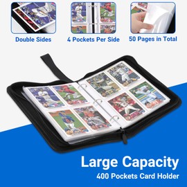 Baseball Card Binder,4-Pocket Cards Holder,Trading Card Binder Fits 400 Cards with Zipper, Portable Collector Album for Football, Baseball, Hockey Sports Cards Collection