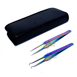 SET OF 2 Stainless Steel Multi Titanium Rainbow Color3D Eyelash Extension Tweezers A type Straight + Straight Fine Point (A2Z)
