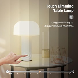 ZOOPEEN Cordless Mushroom Table Lamp,Rechargeable 5200mAH Portable Battery Operated Lamp,3 Color Stepless Dimming Modern Lamps for Bedside Lamps,Touch Dimming Night Light for Home/Restaurant White