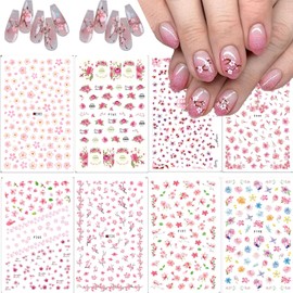 Cherry Blossoms Nail Art Stickers Pink Flower Nail Stickers Cherry Blossom Leaves Cherry Nail Decals 3D Self-Adhesive Design DIY Cherry Blossom Art Supplies for Girl Nail Art Charm Decoration