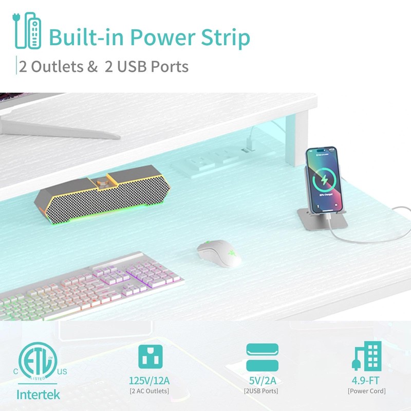 Lufeiya Small White Desk with LED Lights and Power Outlets,