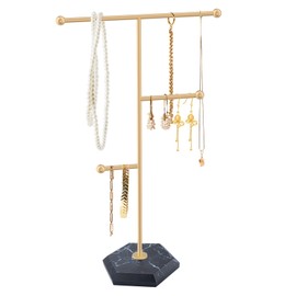 Jewelry Stand Organizer, Metal Necklace Holder Display Stand, T-shaped Jewelry Tower Display & Storage with Marble-textured Base for Necklaces, Earrings, Bracelets, Rings, Scrunchies and Watches