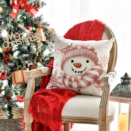 AVOIN colorlife Winter Snowman Snowflake Bird Throw Pillow Cover, 18 x 18 Inch Pink Seasonal Christmas Holiday Cushion Case Decoration for Sofa Couch