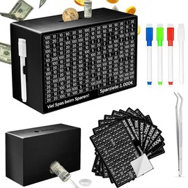 Money Box, Reusable Money Box with Counter Money Box, 10,000 Euro Money Box, Retro Wooden Money Box with 10 Goals for Helps Adults and Children to Save the Habit (Black)