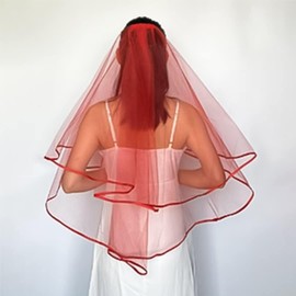 METEMEI White Double Ribbon Edge Center Cascade Bridal Wedding Veil with Metal Comb (Red)