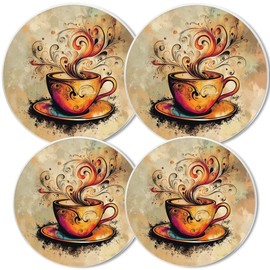 Round Gas Stove Burner Covers Set Of 4,Artistic Coffee Cup With Swirling Steam And Patterns Cooktop 8 Inches And 10 Inches,Electric Stove Burner Covers,Metal Stove Burner Cover