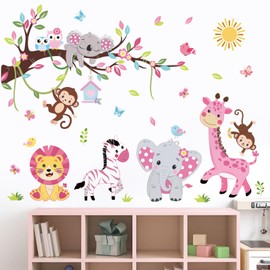 wondever Pink Animal Tree Branch Wall Decals Forest Elephant Lion Giraffe Wall Art Stickers for Kids Room Nursery Toddle Bbay Girl Bedroom Decor