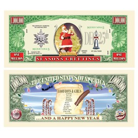 Merry Christmas Seasons Greetings Santa Claus Santas List Million Dollar Bill In Currency Holder - Collectible Novelty St. Nick Million Dollar Bills - Best Fun Stocking Stuffer Gift