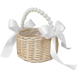 Flower Girl Basket with Pearl Handle Wedding Flower Basket Cute Rattan Wicker Basket with White Ribbon Wicker Storage Basket Decorative Baskets for Home Decor