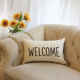 Ogiselestyle Farmhouse Pillow Covers with Welcome Quotes 12" x 20" Lumbar Pillow Covers Home Decorative Cotton Linen Cushion Case for Sofa Couch Housewarming Gifts Family Room Décor