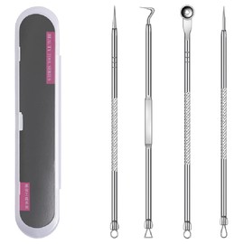 PUNDA Acne Needle Set, 4-Piece Set, Dedicated Pore Care Kit, Acne Removal, Blackhead Removal, Square Plug Pusher, Antibacterial Stainless Steel, Beauty Tool, Storage Case, Portable Convenient (Silver)