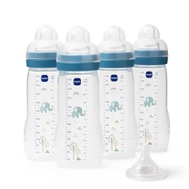 MAM Easy Active Bottles | 4 Pack (4 x 330ml) | Fast Flow MAM Teats Size 3 + 1 x Extra Fast Flow | Baby Accessories | Blue