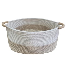 Large Cotton Rope Storage Basket with Handles, Hamper, Laundry Basket, 20 "L x 14" W x 12 "H, Home Decor for Storage Blanket &Toy, etc .(White & Light Khaki)