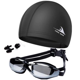 Fincy Palmoo Swimming Goggles, Swimming Goggles, UV Protection, Anti-Fog, Nose Bells, Swim Cap, Ear Plugs, Fitness, Beach, Swimming, Competition, Aquatic Glasses, Swimming, Adjustable Belt, Suitable