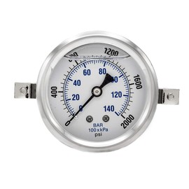 PIC Gauge PRO-203L-254O Glycerin Filled Industrial U-Clamp Panel Mount Pressure Gauge with Stainless Steel Case, Brass Internals, Plastic Lens, 2-1/2" Dial Size, 1/4" Male NPT, 0/2000 psi