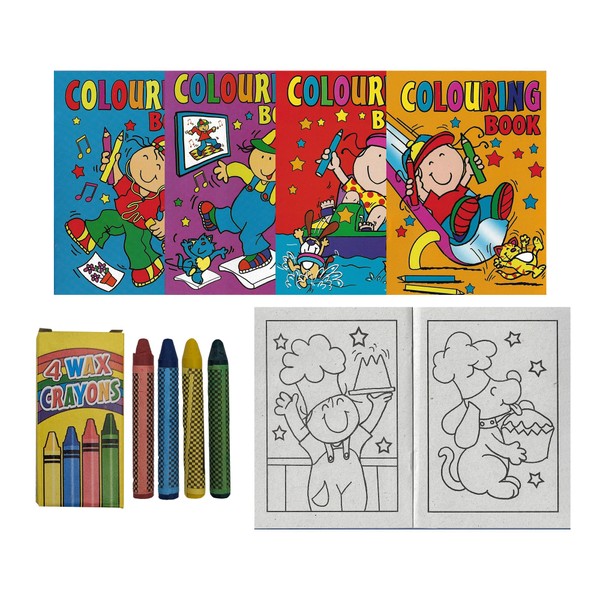 WF Graham Pack of 12 A6 Kids Colouring Books and 12 Packs of Crayons | Mini Colouring Books for Party Bags in Assorted Designs, Childrens Party Bag Fillers for Toddlers