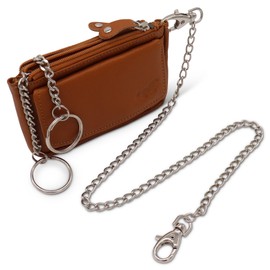 Safekeepers Key Case Leather Small – Key Bag with Zip for Men and Women, Mini Key Case for Car Keys with Chain, Cognac Brown with Chain, Key case