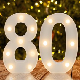 Warm White LED Light Up Number 80, 80th Birthday Decor for Her Him,Table Centerpieces & Backdrop Wall Décor,Lighted Marquee Sign for 80th Wedding Anniversary Décor