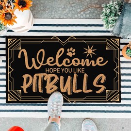 JiXianJu Funny Outdoor Doormat Welcome Hope You Like Pitbulls Entry Brown Gift Mat with Heavy Duty Anti-Slip Backing Durable Porch Welcome Mats 29.5 x 17 inch
