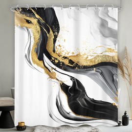 Omifly Black White Gold Marble Shower Curtain 72"W x 84"L Inch Abstract Modern Luxury Ink Texture Minimalist Gray Ombre Aesthetic Fluid with 12 Plastic Hooks Fabric Waterproof Toilet Accessories Decor