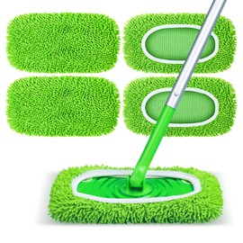 Reusable Mop Pads Fit Swiffer Sweeper, 4-Pack Microfiber Mop Replacement Pads, Washable Wet Mopping Cloths & Dry Sweeping Chenille Pads Refill for Floor Cleaning