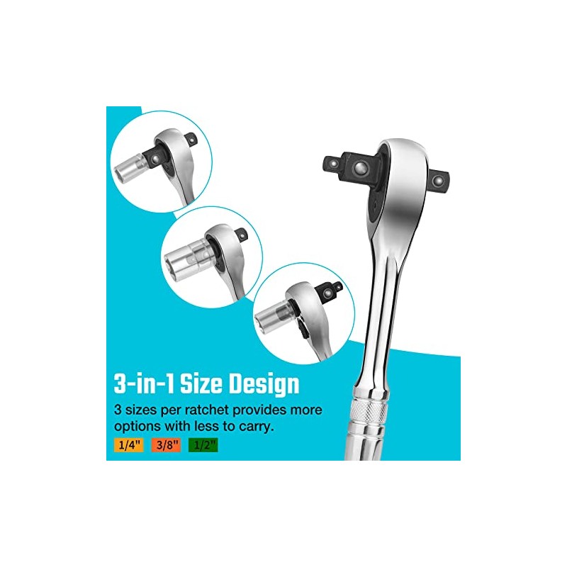 DURATECH 3-IN-1 Ratchet Handle, 1/4 ", 3/8 ", 1/2" Drive