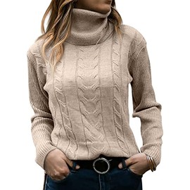 Womens Turtleneck Sweaters Long Sleeve Pullover Cable Knit Sweaters Soft Jumper Beige
