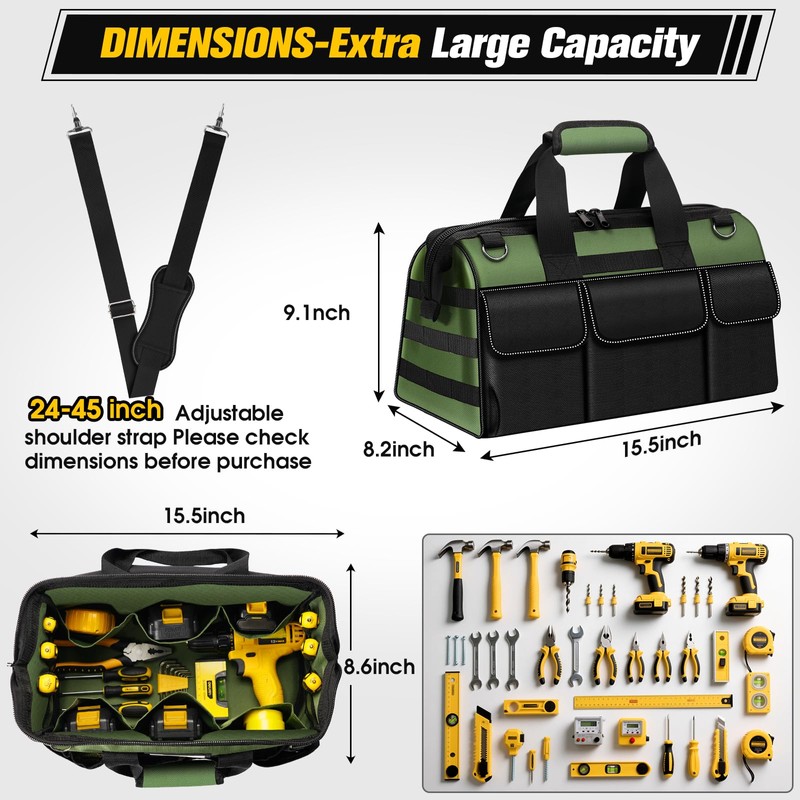Heavy Duty Tool Bag 16-Inch - 19 Pockets Tool Organizer,