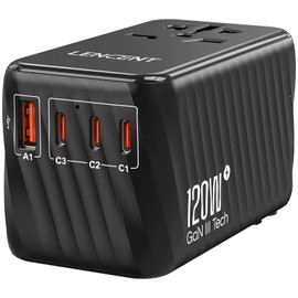 LENCENT International Travel Adapter, 120W GaN Universal Fast Charger with 3 PD3.0 Type C+1 QC USB A, All in One Power Adaptor for iPhones,Laptops, Worldwide Plug Adapter for EU/USA/UK/AU, Black