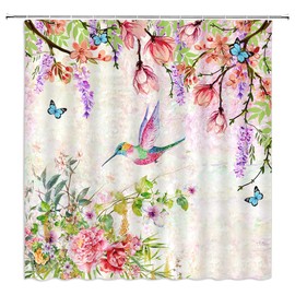 Floral Hummingbird Shower Curtain Colorful Flower Bird Butterfly Green Leaves Spring Garden Watercolor Wildflower Bathroom Decor Polyester Fabric Curtains with Hook 70Wx70H Inches