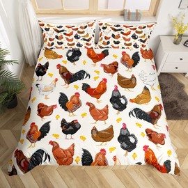 Feelyou Chicken Comforter Cover Cute Chicken Pattern Bedding Set for Boys Girls Children 3D Animals Theme Duvet Cover Room Decor Queen Size Quilt Cover 3Pcs