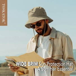 TOSKATOK� UPF 50+ Unisex Safari Outback Australian Style Cotton Bush Hat with Wide Brim, Detachable Chin Strap, Side Press Studs and Air Vents-Khaki-58