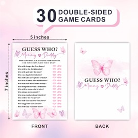 Guess Who? Game Cards For Baby Shower Game & Activity - 30 Mommy Or Daddy Watercolor Butterfly Double - Sided Fill In Style Game Cards, Gender Reveal Game - Baby Shower Party Favors & Decorations-A04