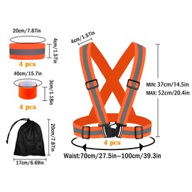 Anlising 4 x adjustable reflective safety vest, 4 x reflective bracelets, 4 x reflective bands, snap bracelets, with mesh bag, reflective bands, safety vest, reflective safety vest set