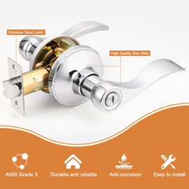 Probrico Door Handles Lever Privacy Door Handle Lever Polished Chrome Interior Door Handle, Chrome Door Handles for Bedroom Bathroom Keyless Interior Door Handle Lever with Lock Wave Style, 5 Pack