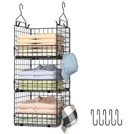 Sonyabecca 3-Tier Hanging Closet Organizer, Foldable Cabinet Wire Storage Basket Bins with 5 S Hooks, Closet Shelves & Hanging Closet Shelf for Clothing, Sweaters, Handbags, Hats