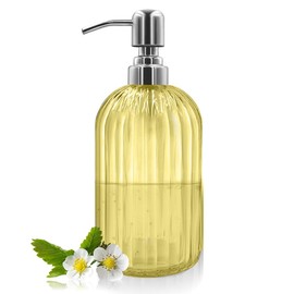 18 Oz Glass Soap Dispenser with Stainless Steel Pump, Modern Ribbed Design Refillable Liquid Soap Bottle for Bathroom, Kitchen, Hand Soap, Dish Soap, or Lotion (Yellow)