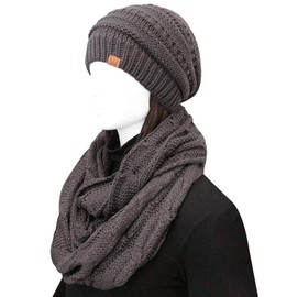 Wrapables Winter Warm Chunky Cable Knit Infinity Scarf and Beanie Set, Charcoal Gray
