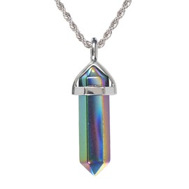 Justinstones Metallic Rainbow Coated Hematite Gemstone Hexagonal Pointed Reiki Chakra Pendant Necklace 20" High-grade Iron Gift Box