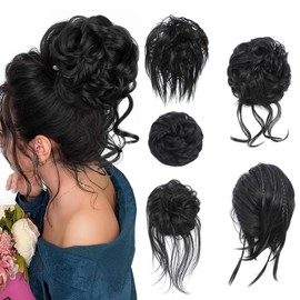Fulang Hair Pack of 5 Hairpieces with Elastic Band, Large Bun Hairpiece, Wavy Natural Synthetic Hair Scrunchie, Women with Hair Updo Hair Extensions, Messy Bun Hairpieces (5 Pieces/Pack) (1B)