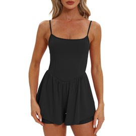 Beaully Women's Summer One Piece Sleeveless Rompers Spaghetti Strap Double Lined Shorts Overalls Jumpsuit 6110 Black M