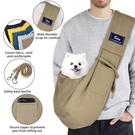 CUBY Dog and Cat Sling Carrier - Hands Free Reversible Pet Papoose Bag - Soft Pouch and Tote Design - Suitable for Puppy, Small Dogs Cats Outdoor (Khaki, Unadjustable Strap)