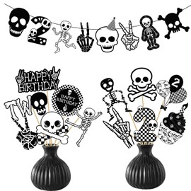 Bad Two The Bone Centerpiece Sticks 2nd Birthday Party Decorations 21PCS Rock and Roll Skull Table Toppers Skeleton Theme Bad 2 The Bone Table Decorations for Rock Music Party Supplies